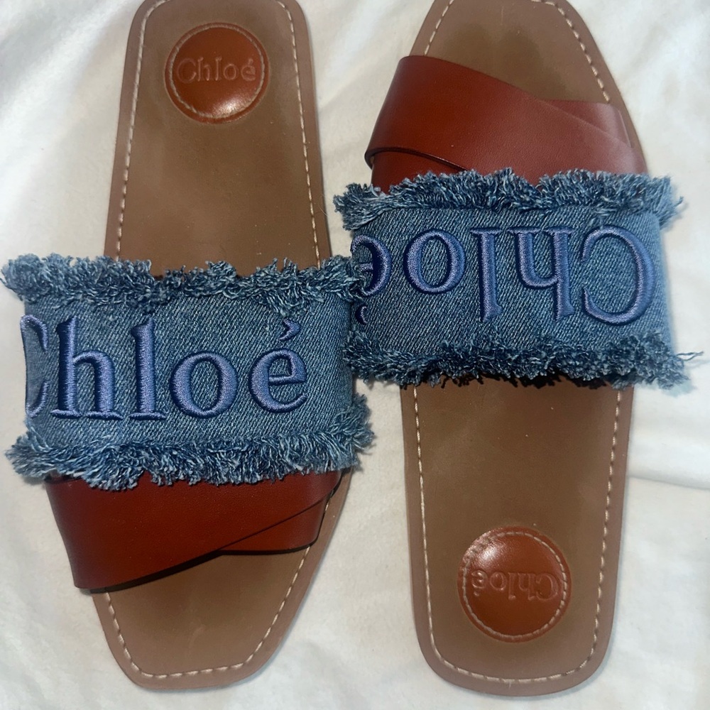 Chloe Brown and Blue Sandals with Denim Strap